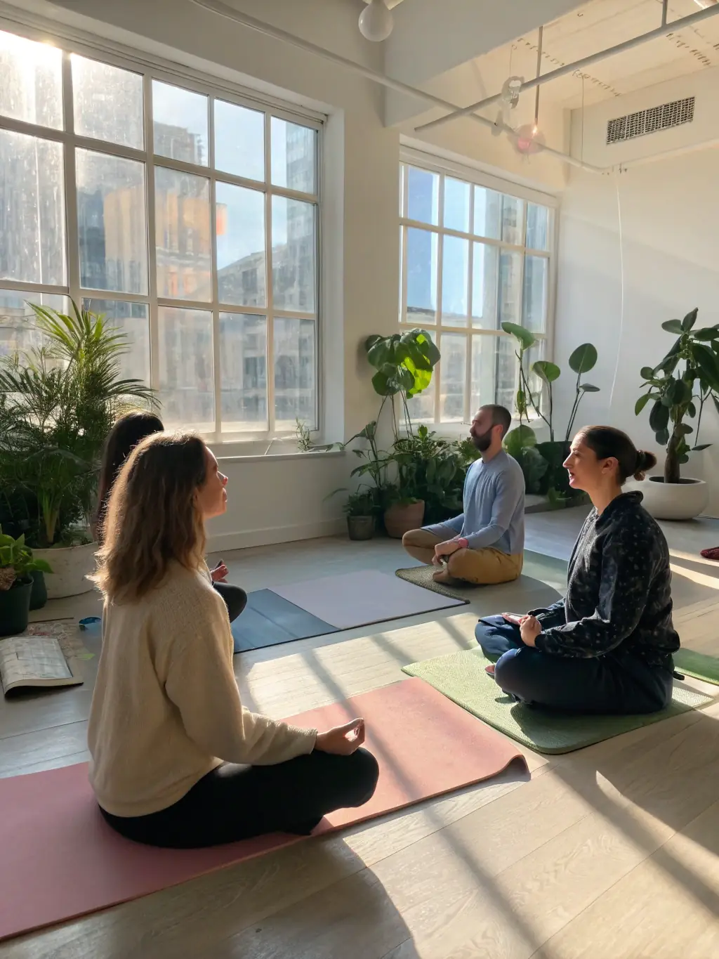 A photograph of participants actively engaged in a yoga and mindfulness workshop at the DigestiveGate conference, promoting stress reduction techniques.