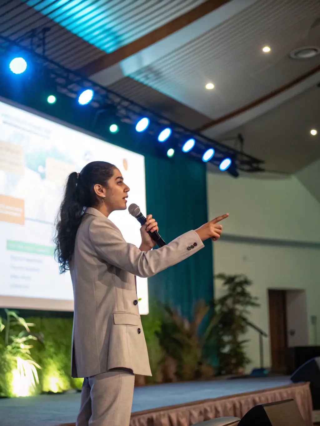 A photograph of a keynote speaker passionately addressing a large audience at the DigestiveGate conference, emphasizing the importance of mental health in the workplace.